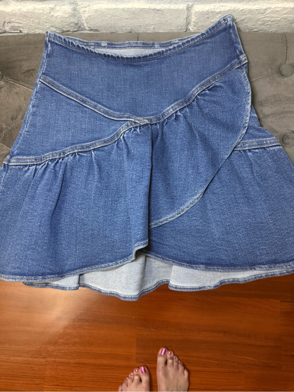 MOTHER Denim Asymmetrical Ruffle Mini Skirt in Blue